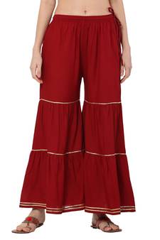 PAVONINE Maroon Color 3-Layers Golden Gota Flared pant