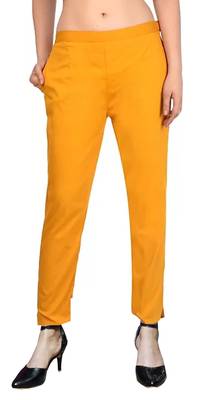PAVONINE Mustard Color Stretchable Cotton Lycra Fabric Pencil Pant 1