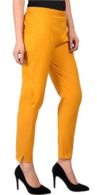 PAVONINE Mustard Color Stretchable Cotton Lycra Fabric Pencil Pant 3