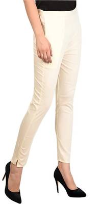 PAVONINE Off White Color Stretchable Cotton Lycra Fabric Pencil Pant 3