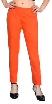 PAVONINE Orange Color Stretchable Cotton Lycra Fabric Pencil Pant 1