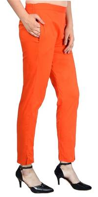 PAVONINE Orange Color Stretchable Cotton Lycra Fabric Pencil Pant 3