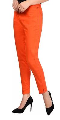 PAVONINE Orange Color Stretchable Cotton Lycra Fabric Pencil Pant 4