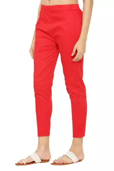 PAVONINE Red Color Stretchable Cotton Lycra Fabric Pencil Pant