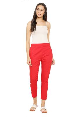 PAVONINE Red Color Stretchable Cotton Lycra Fabric Pencil Pant 4