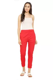 PAVONINE Red Color Stretchable Cotton Lycra Fabric Pencil Pant