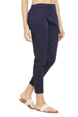 PAVONINE Navy Blue Color Stretchable Cotton Lycra Fabric Pencil Pant 3