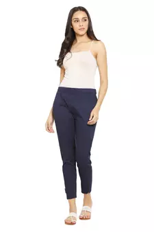 PAVONINE Navy Blue Color Stretchable Cotton Lycra Fabric Pencil Pant