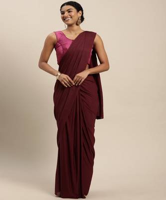 Wine Soft Knitted Lycra With Pleated Pallu Saree With Blouse Piece 1