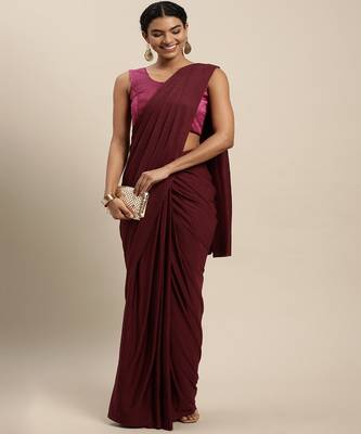 Wine Soft Knitted Lycra With Pleated Pallu Saree With Blouse Piece 2