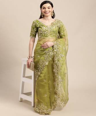 Green Organza Stone Work Embroidered Saree 2