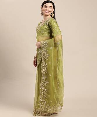 Green Organza Stone Work Embroidered Saree 3