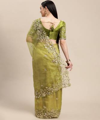 Green Organza Stone Work Embroidered Saree 4