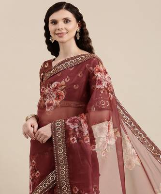 Maroon Soft Organza Saree With Blouse Piece 1