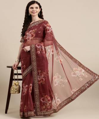 Maroon Soft Organza Saree With Blouse Piece 2