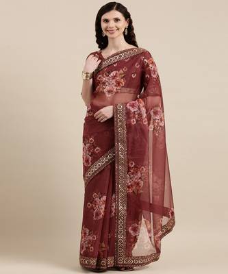 Maroon Soft Organza Saree With Blouse Piece 3