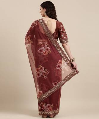 Maroon Soft Organza Saree With Blouse Piece 4