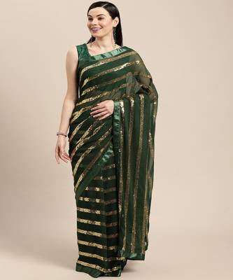 Green Georgette saree with blouse piece 1