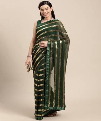 Green Georgette saree with blouse piece 2