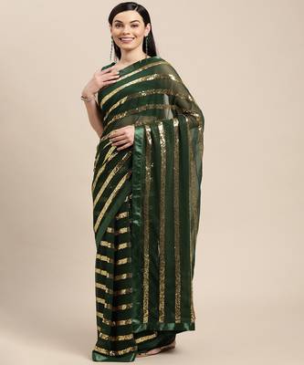 Green Georgette saree with blouse piece 3