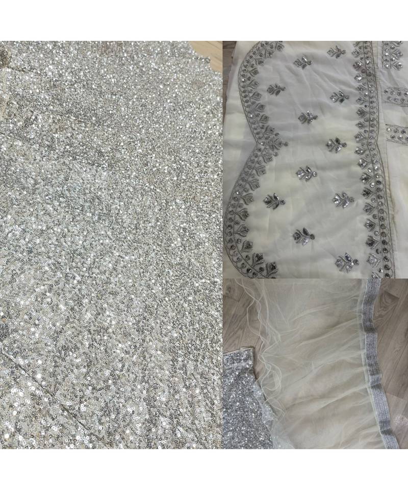 Warm White Sequins Worked Georgette Semi Stitched Lehenga Choli