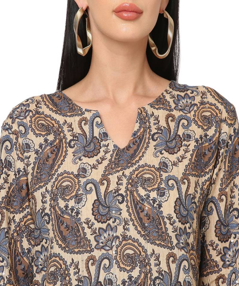 Beige Paisley Printed   Tunic Dress