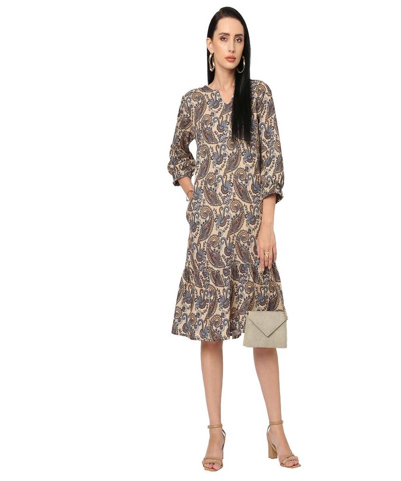 Beige Paisley Printed   Tunic Dress