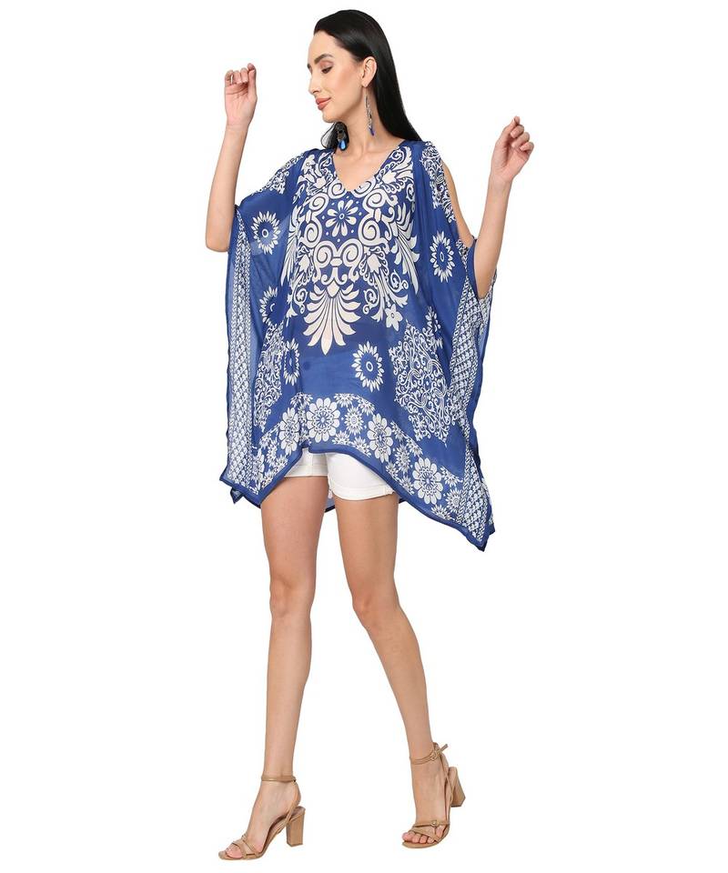 Blue Floral Printed Cold-Shoulder Kaftan Top