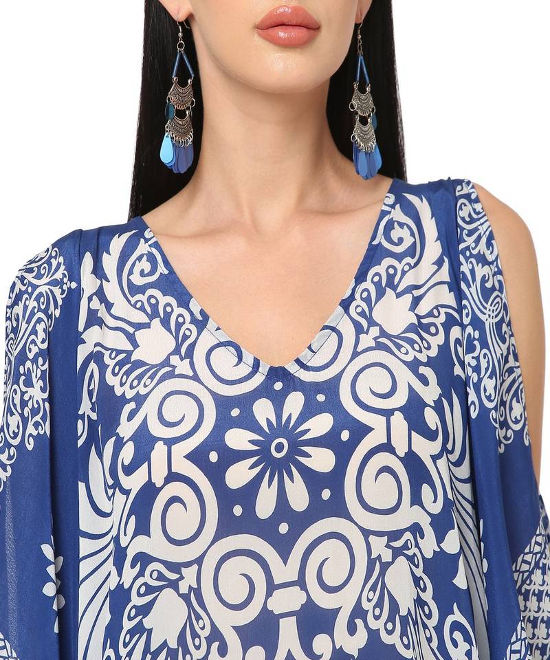 Blue Floral Printed Cold-Shoulder Kaftan Top