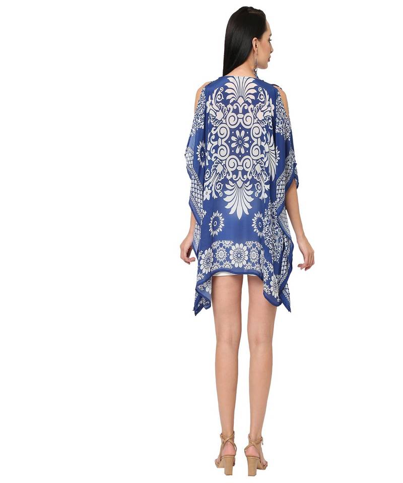 Blue Floral Printed Cold-Shoulder Kaftan Top