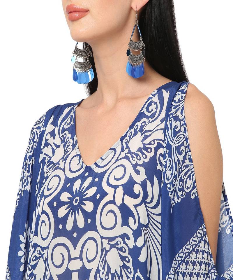 Blue Floral Printed Cold-Shoulder Kaftan Top