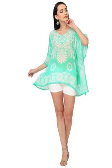 Mint Floral Printed Cold-Shoulder  Kaftan Top