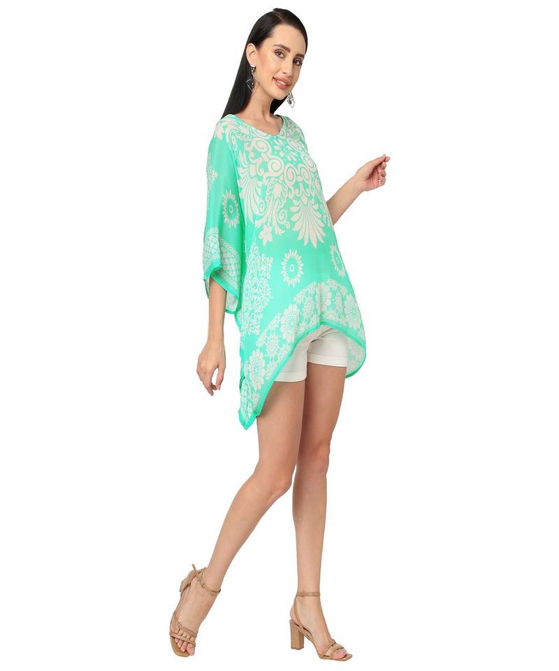 Mint Floral Printed Cold-Shoulder  Kaftan Top