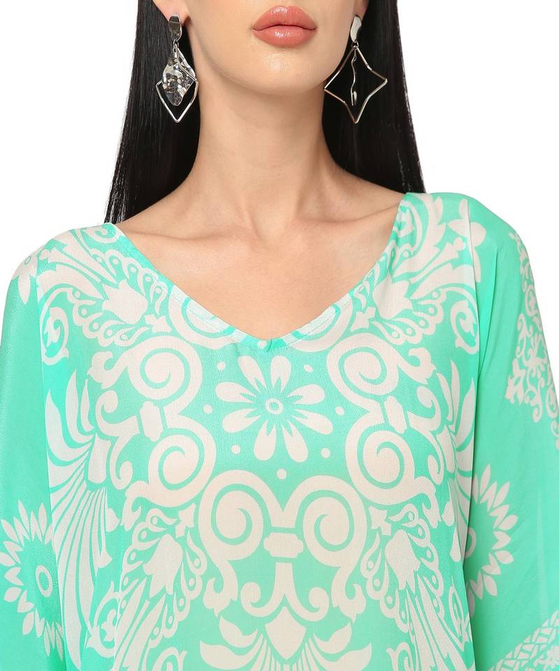 Mint Floral Printed Cold-Shoulder  Kaftan Top