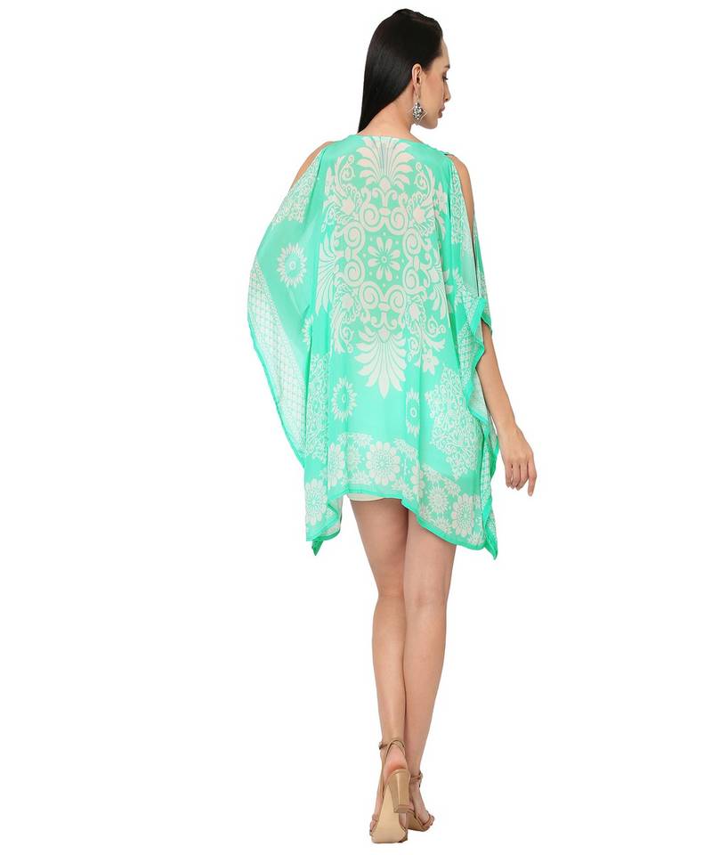 Mint Floral Printed Cold-Shoulder  Kaftan Top