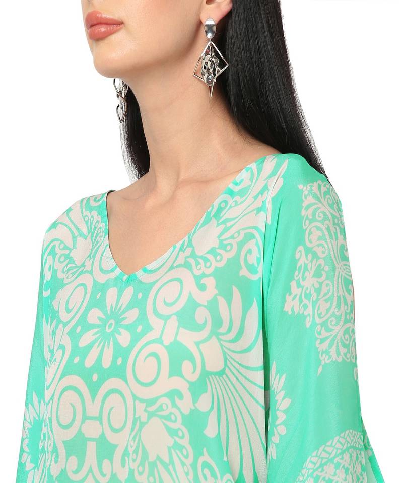 Mint Floral Printed Cold-Shoulder  Kaftan Top