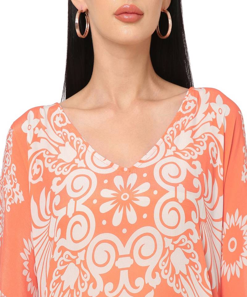 Orange Floral Cold-Shoulder Sleeves Kaftan Top