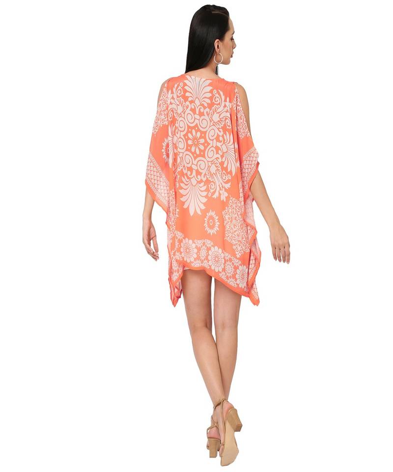 Orange Floral Cold-Shoulder Sleeves Kaftan Top