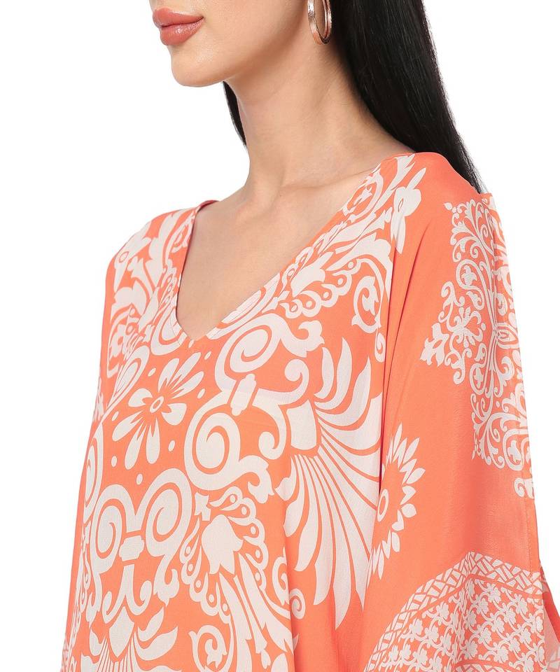 Orange Floral Cold-Shoulder Sleeves Kaftan Top