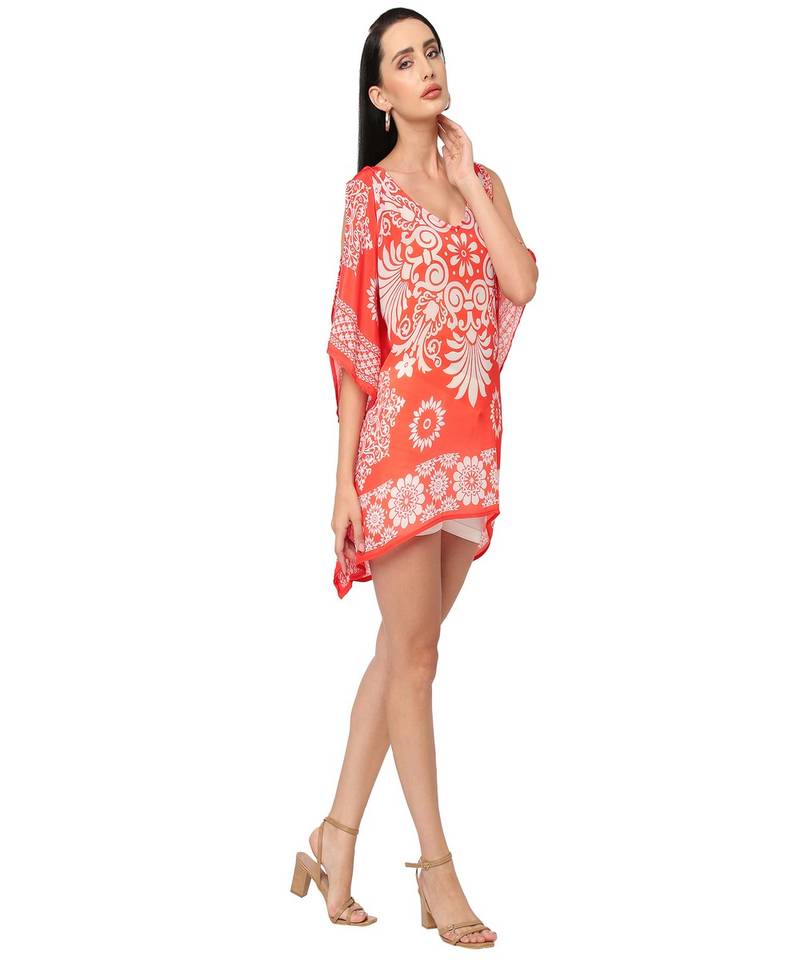 Red Floral Cold-Shoulder Sleeves Kaftan Top