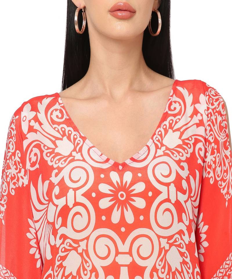 Red Floral Cold-Shoulder Sleeves Kaftan Top