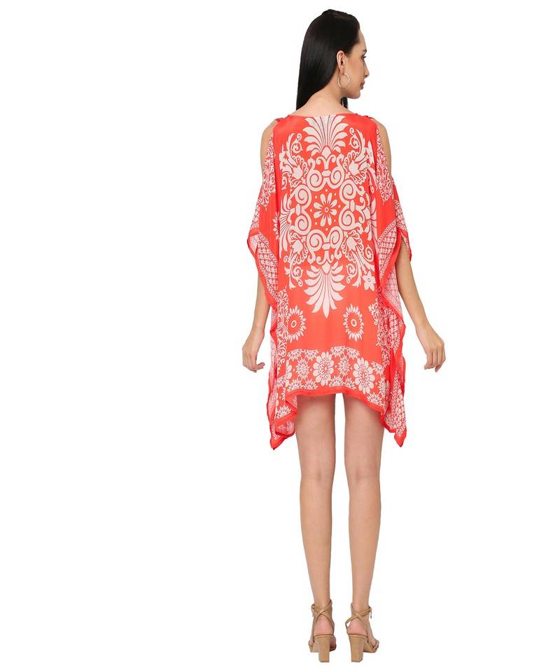 Red Floral Cold-Shoulder Sleeves Kaftan Top