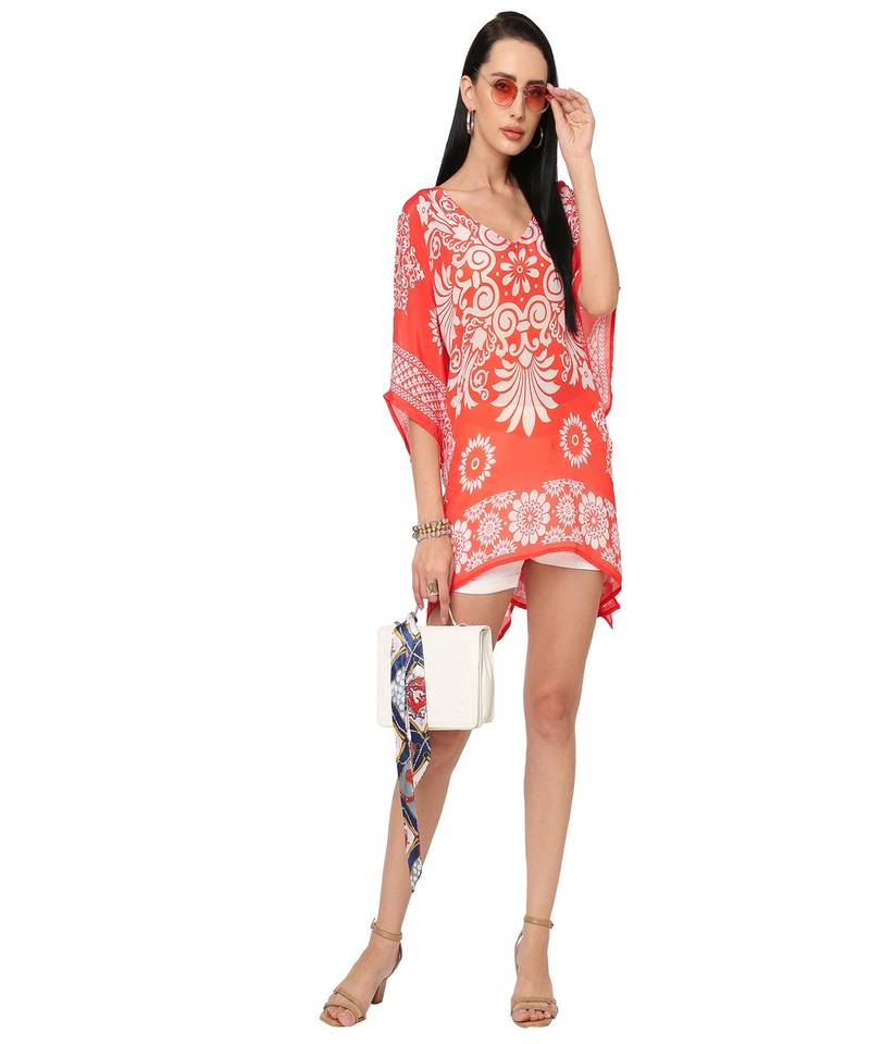 Red Floral Cold-Shoulder Sleeves Kaftan Top