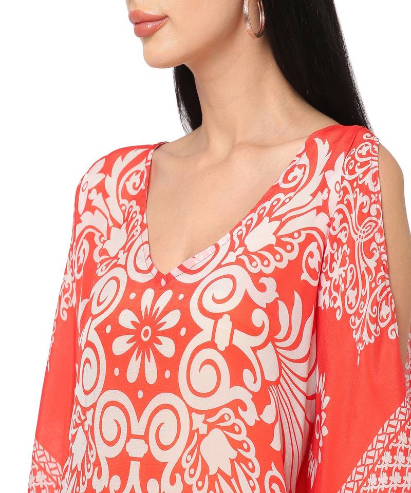 Red Floral Cold-Shoulder Sleeves Kaftan Top