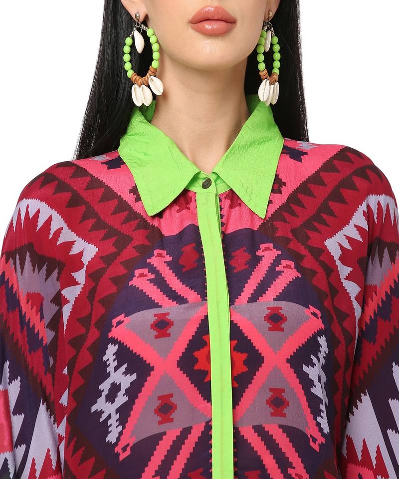 Pink Color Kilim Print Kaftan Shirt
