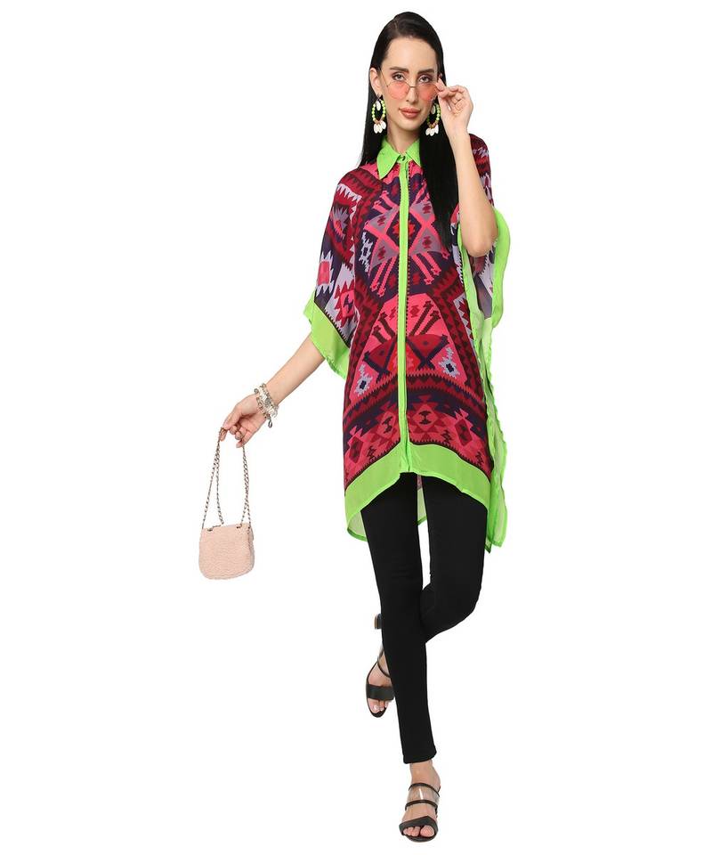 Pink Color Kilim Print Kaftan Shirt