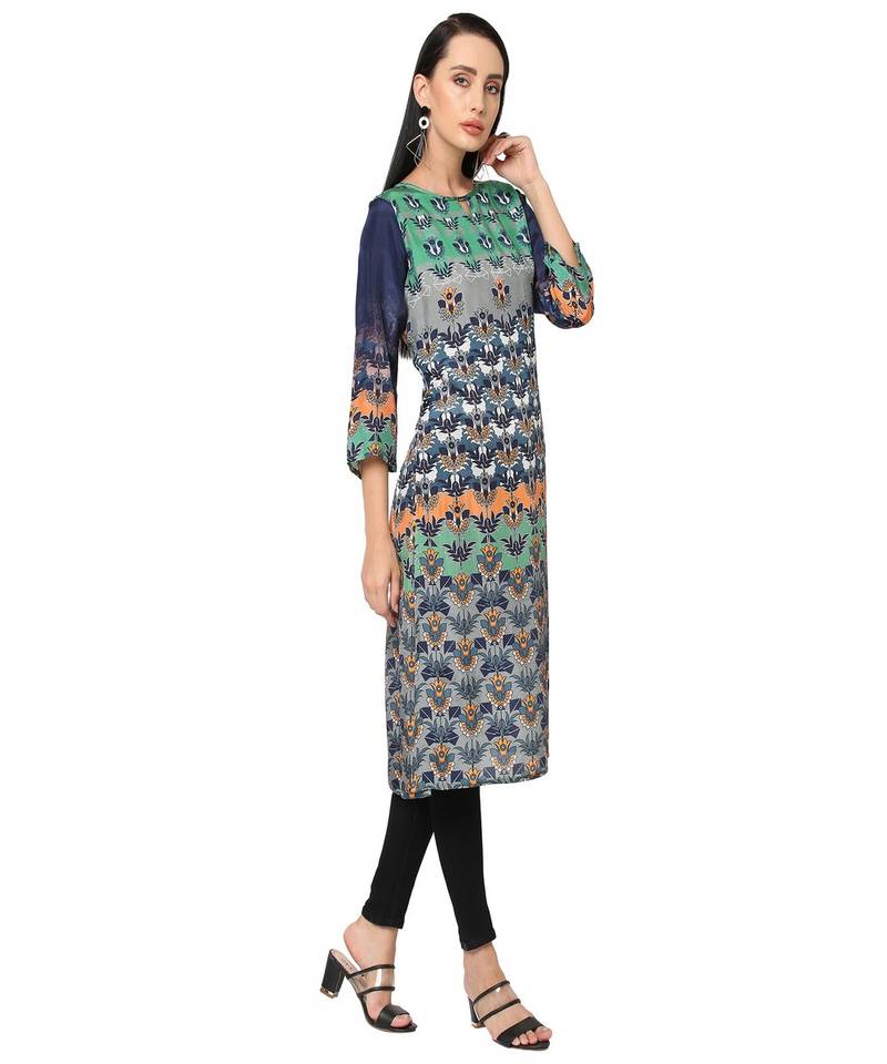 Green & Blue Ethnic Motifs Printed Kurta