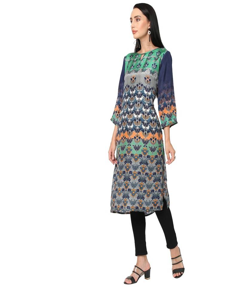 Green & Blue Ethnic Motifs Printed Kurta
