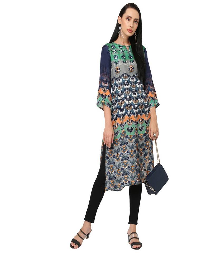 Green & Blue Ethnic Motifs Printed Kurta