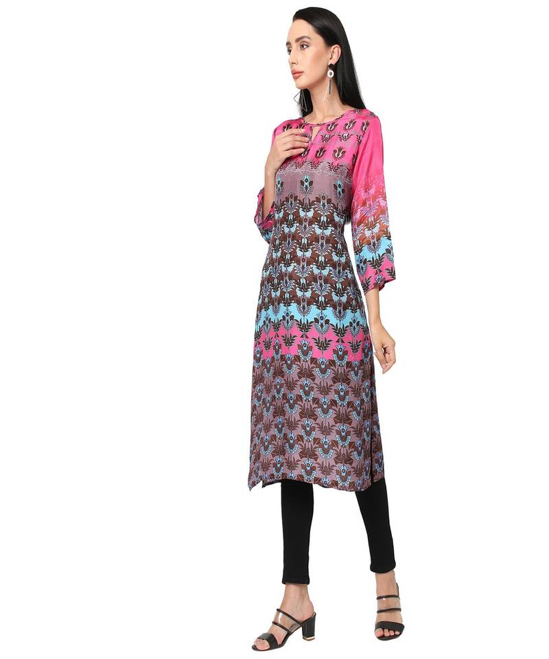 Pink & Brown Ethnic Motifs Printed Kurta